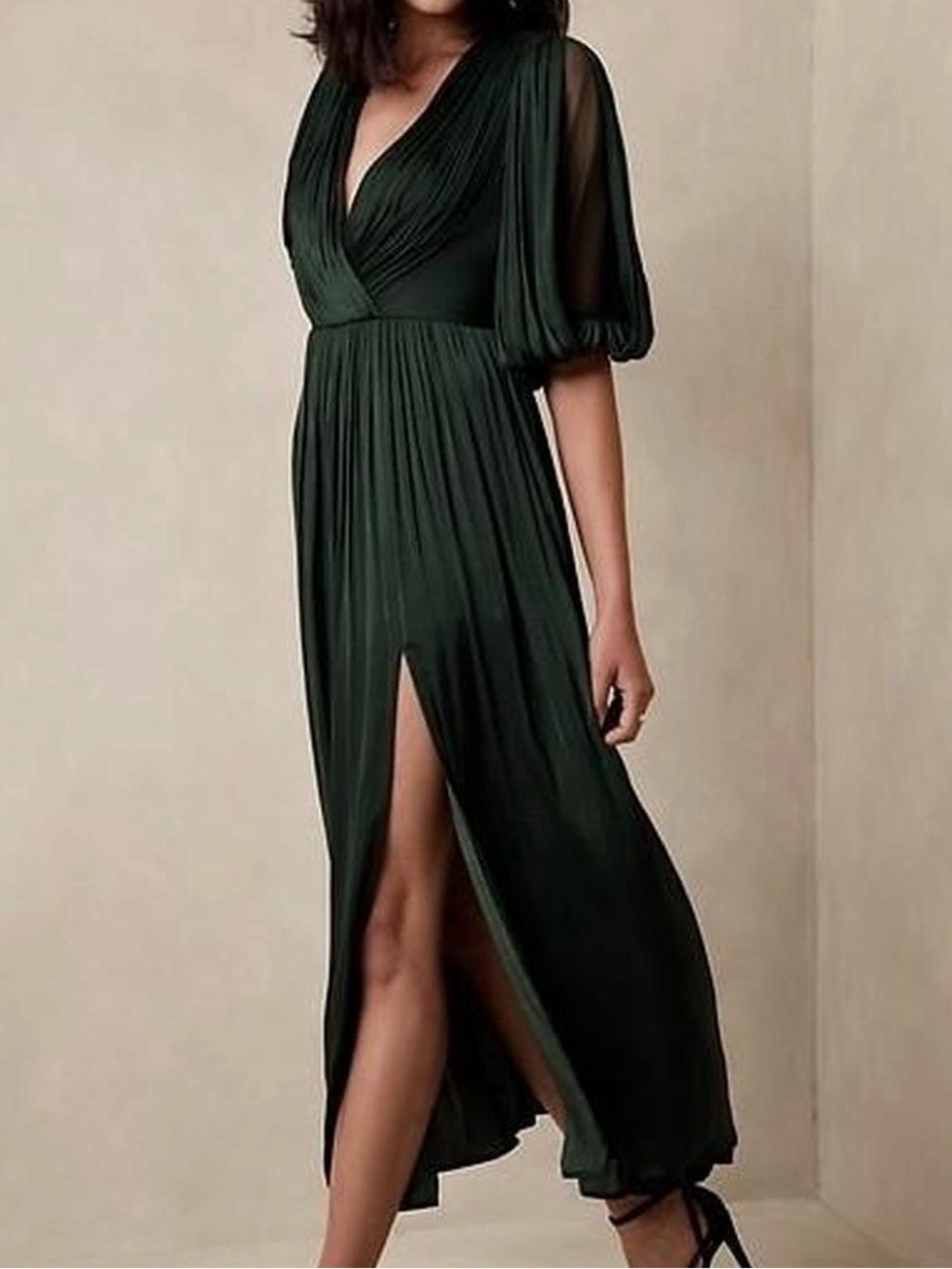 Banana Republic Deep Green Fall Wedding Guest Holiday Maxi Dress Puff Sleeves